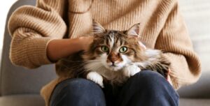 young woman petting purebred straight-eared long hair kitty on her lap