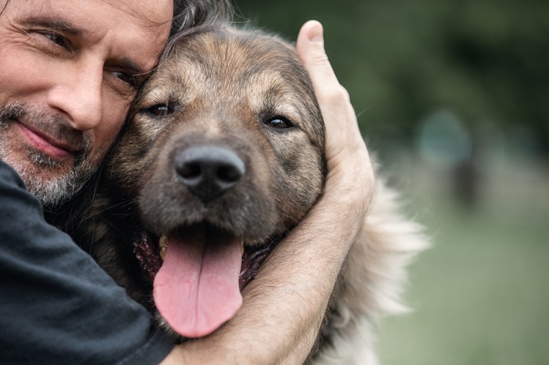Man hugging a large, old dog with its tongue out.