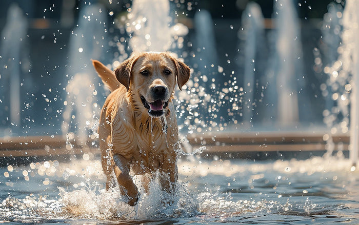 A happy yellow Labrador retriever runs through splashing water in a fountain,.